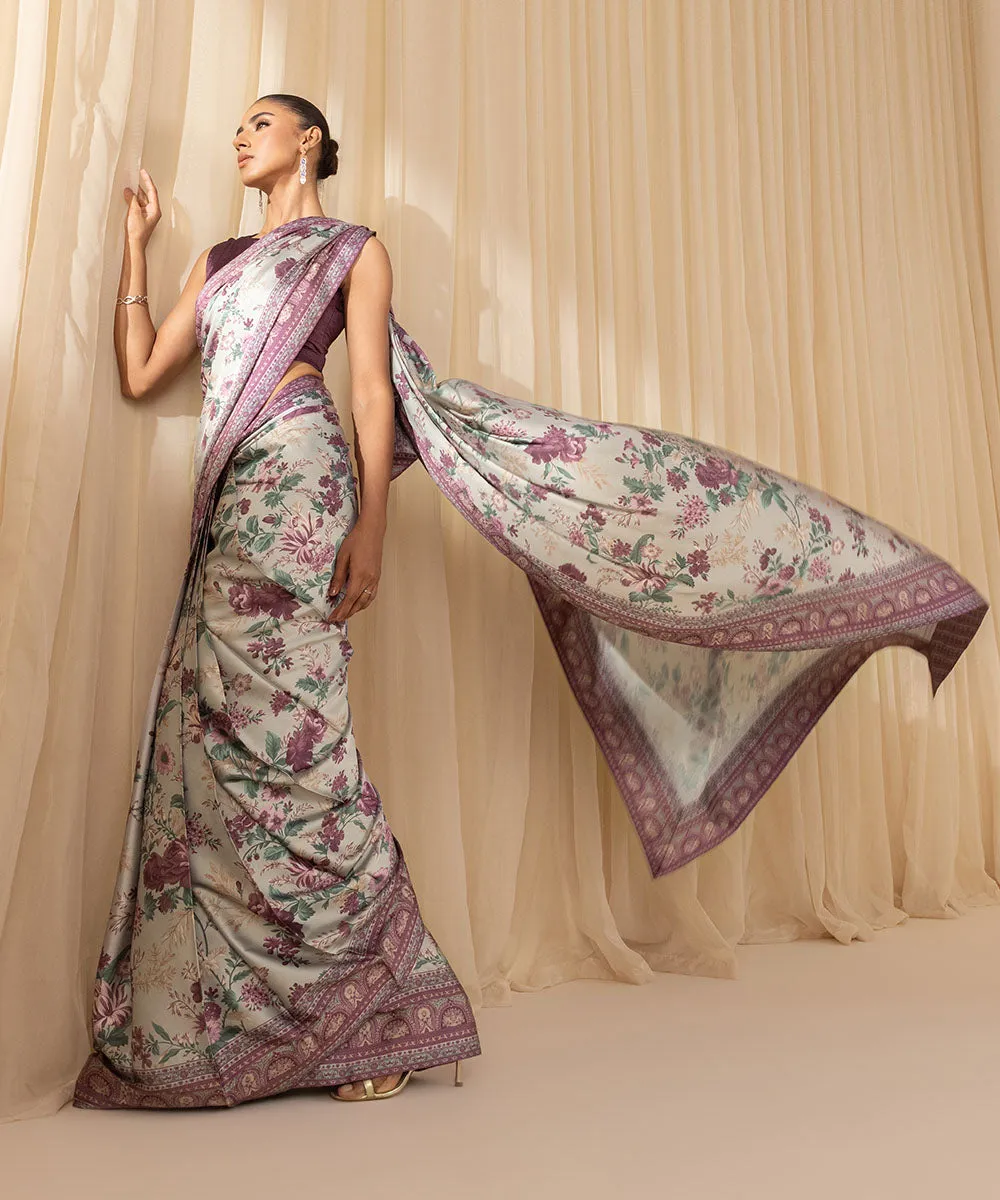 3 Piece -  Printed Satin Saree