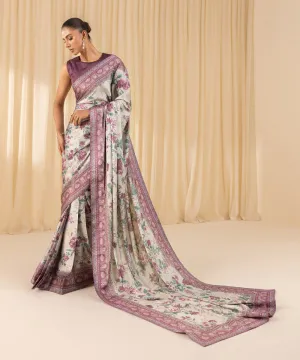 3 Piece -  Printed Satin Saree