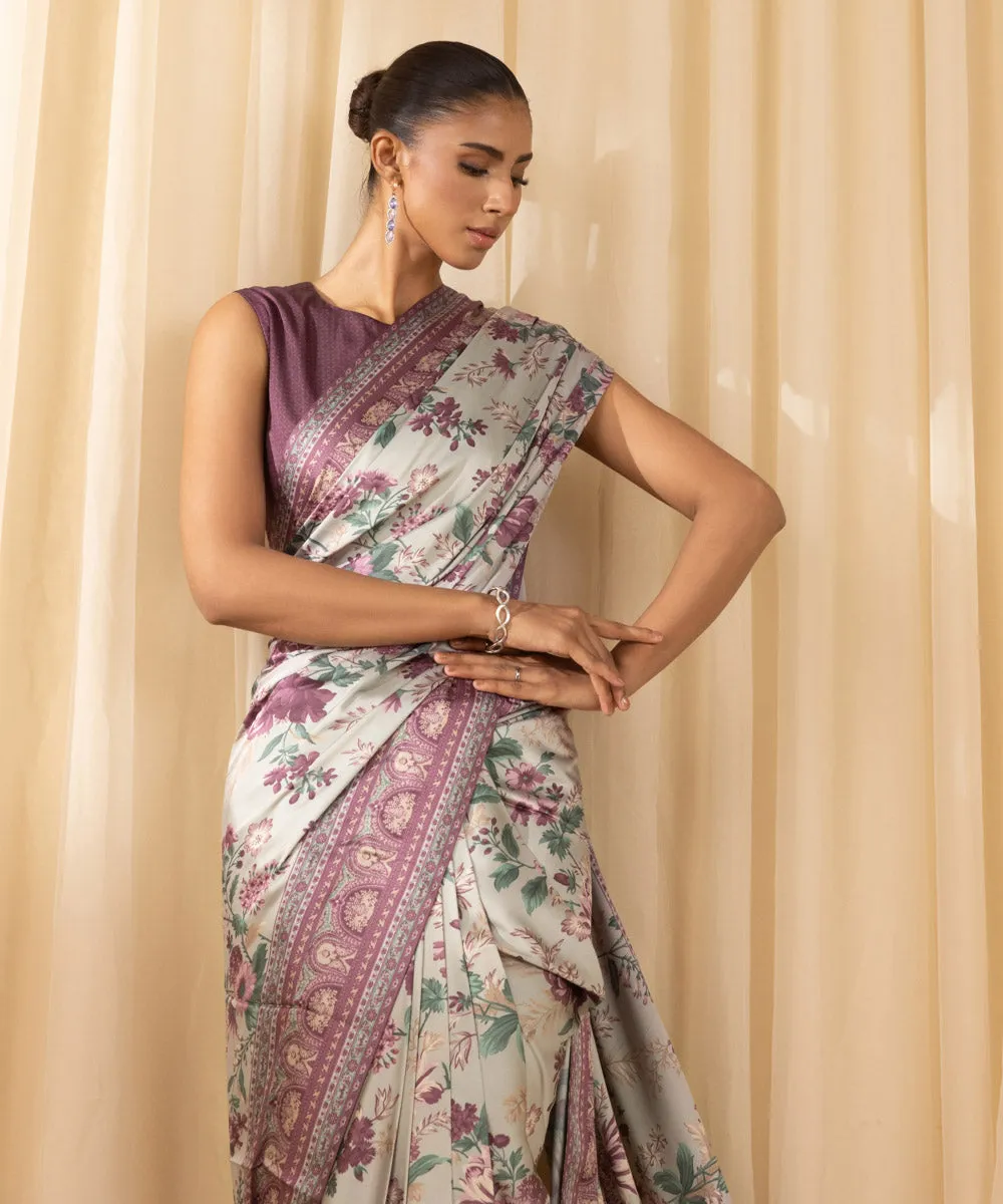 3 Piece -  Printed Satin Saree