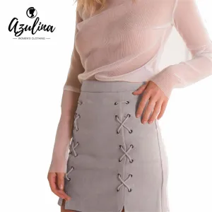 AZULINA Women Leather Suede Pencil Black Mini Skirt 2017 Spring Autumn High Waist Short Bodycon Lace Up Skirts Sexy Split Skirts