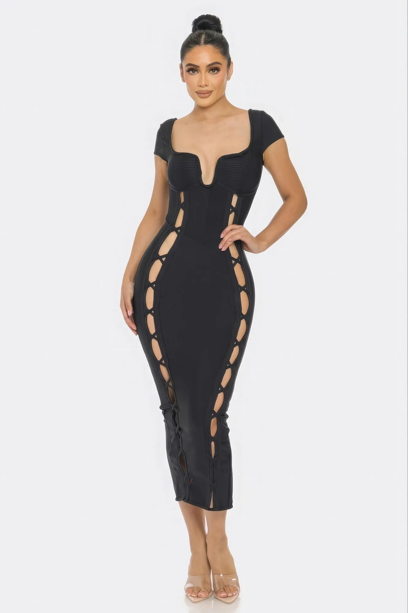 Black Bandage Side Cutouts Short Sleeve Tight Long Dress  Dress KESLEY