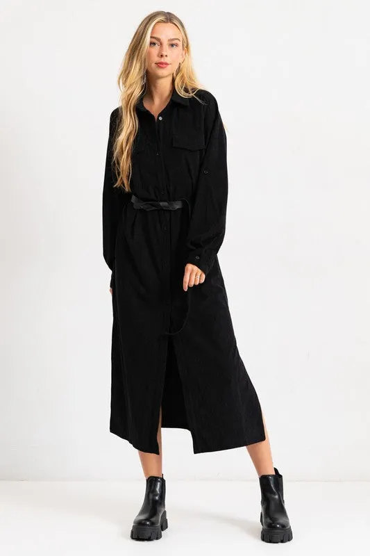 Black Corduroy Roll Up Sleeve Shirt Dress With Belt