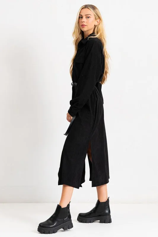 Black Corduroy Roll Up Sleeve Shirt Dress With Belt