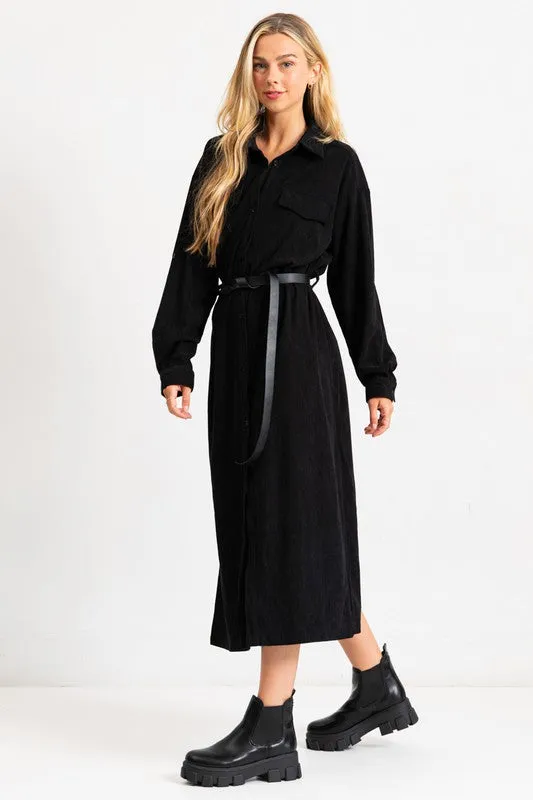 Black Corduroy Roll Up Sleeve Shirt Dress With Belt