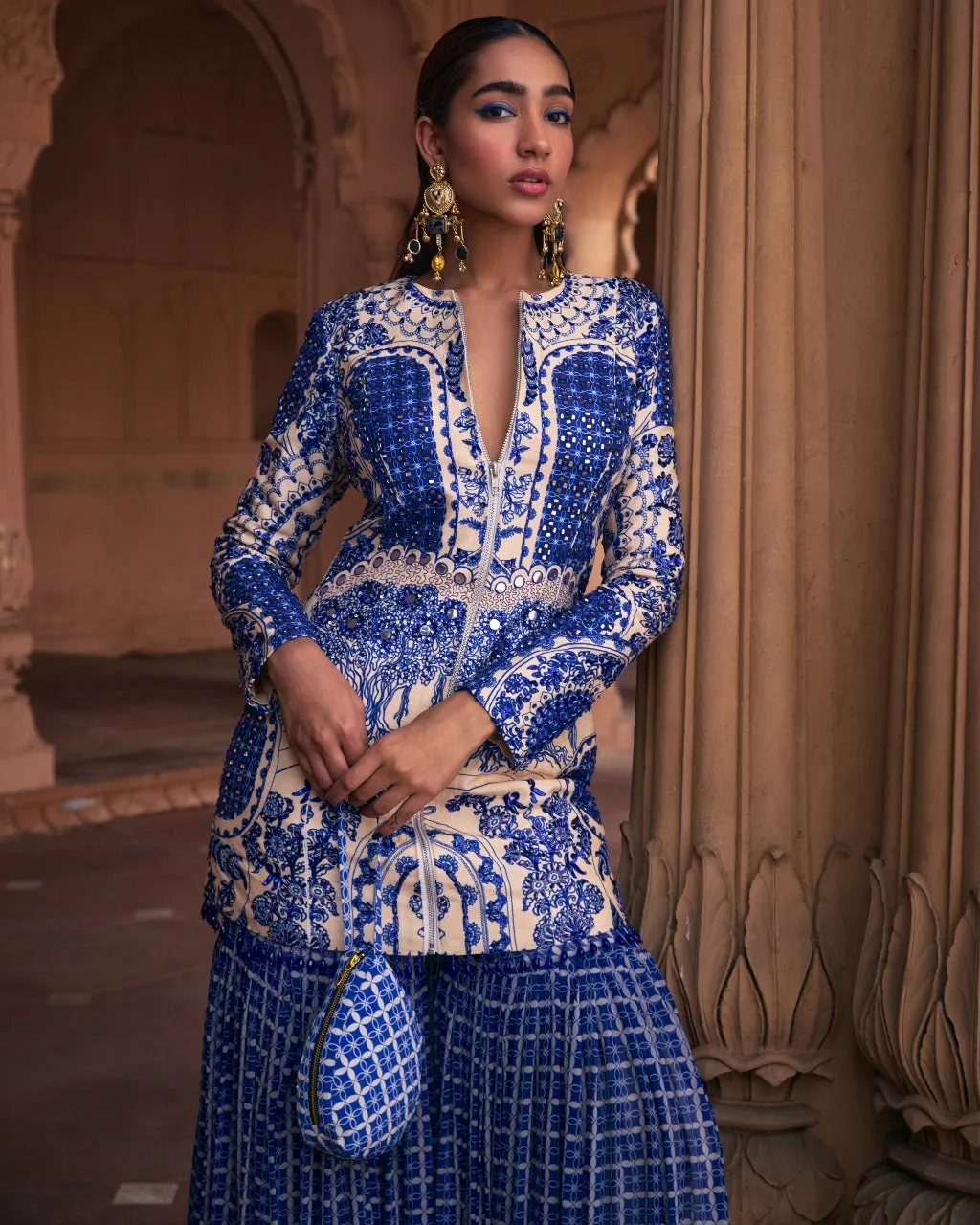 Blue Thikri Print and Highlighted Jacket Set