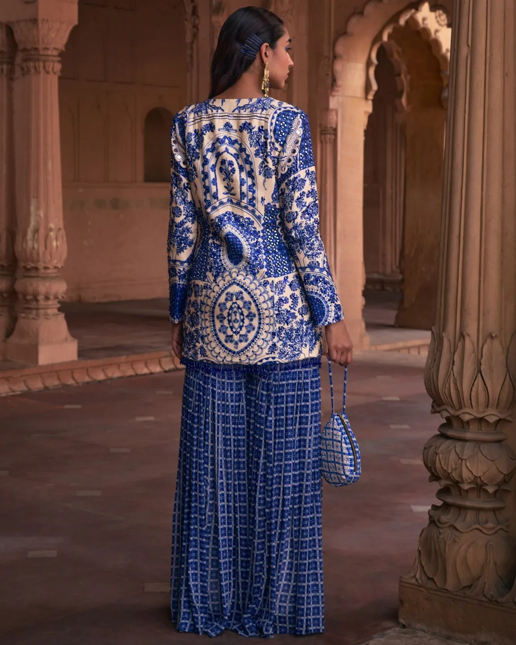 Blue Thikri Print and Highlighted Jacket Set