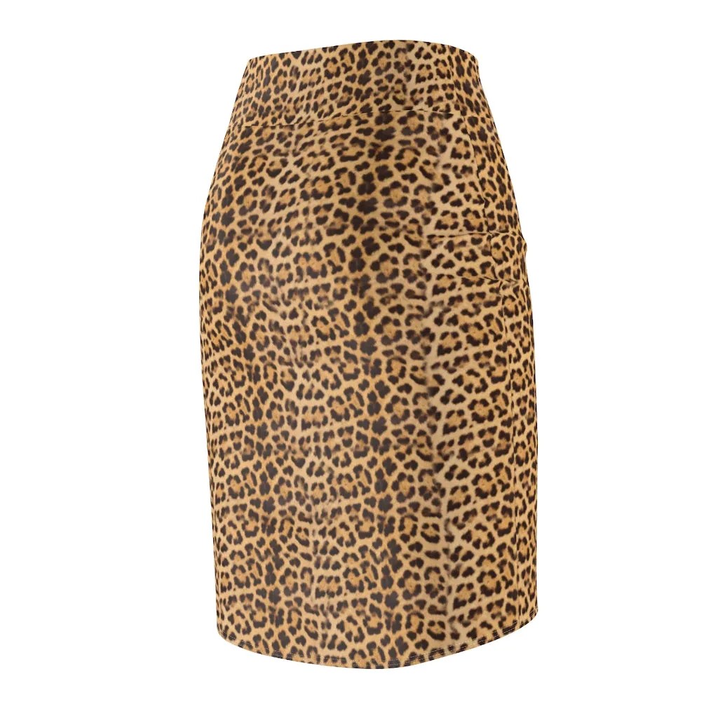 Brown Leopard Women's Pencil Skirt, Best Designer Animal Print Ladies Stretchy Skirt- Made in USA