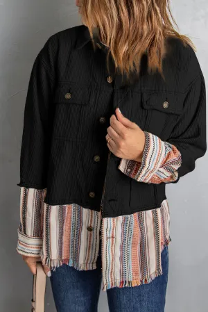 Button Up Pockets Striped Color Block Corduroy Jacket