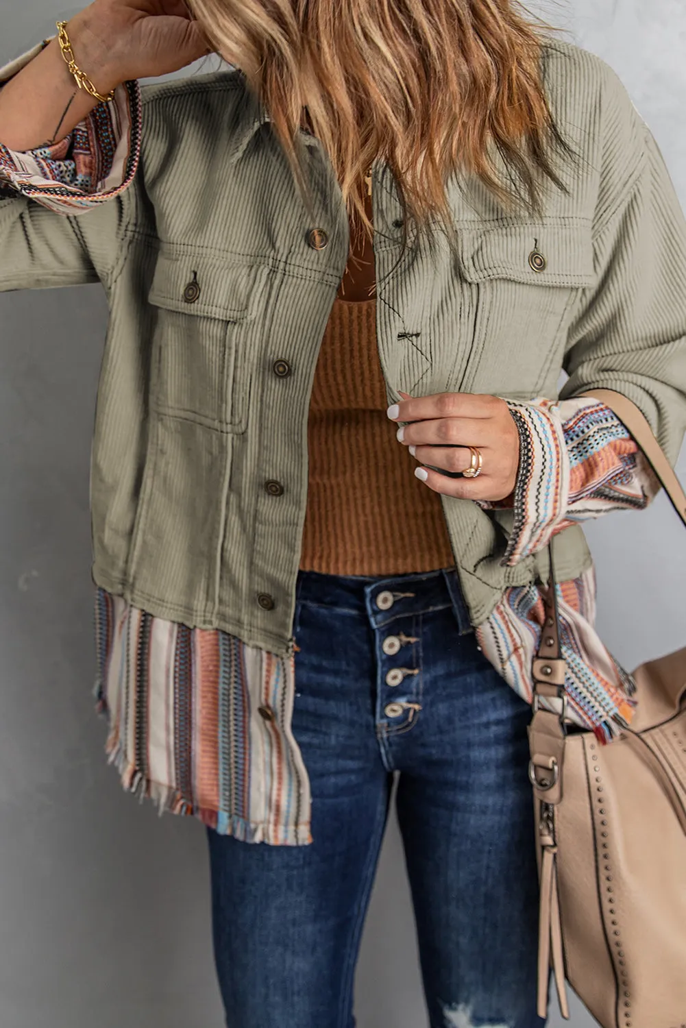 Button Up Pockets Striped Color Block Corduroy Jacket