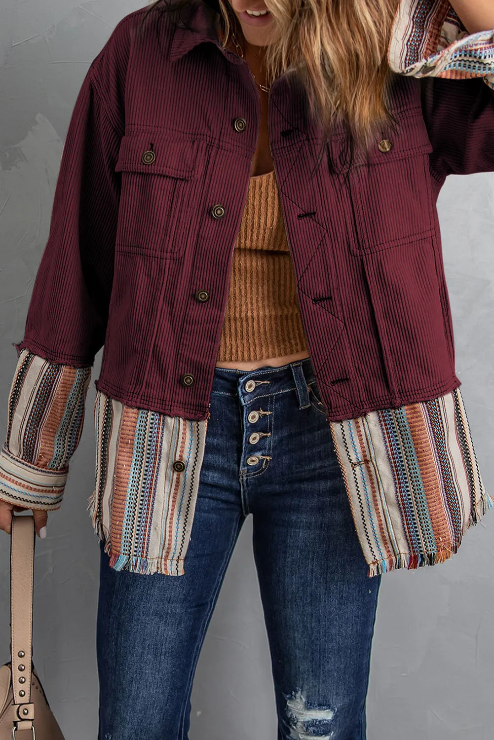 Button Up Pockets Striped Color Block Corduroy Jacket