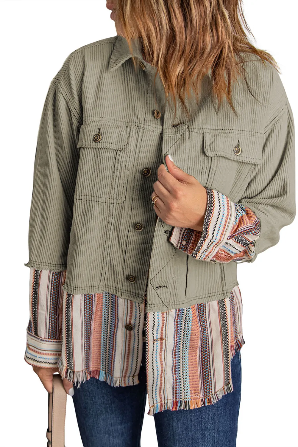 Button Up Pockets Striped Color Block Corduroy Jacket