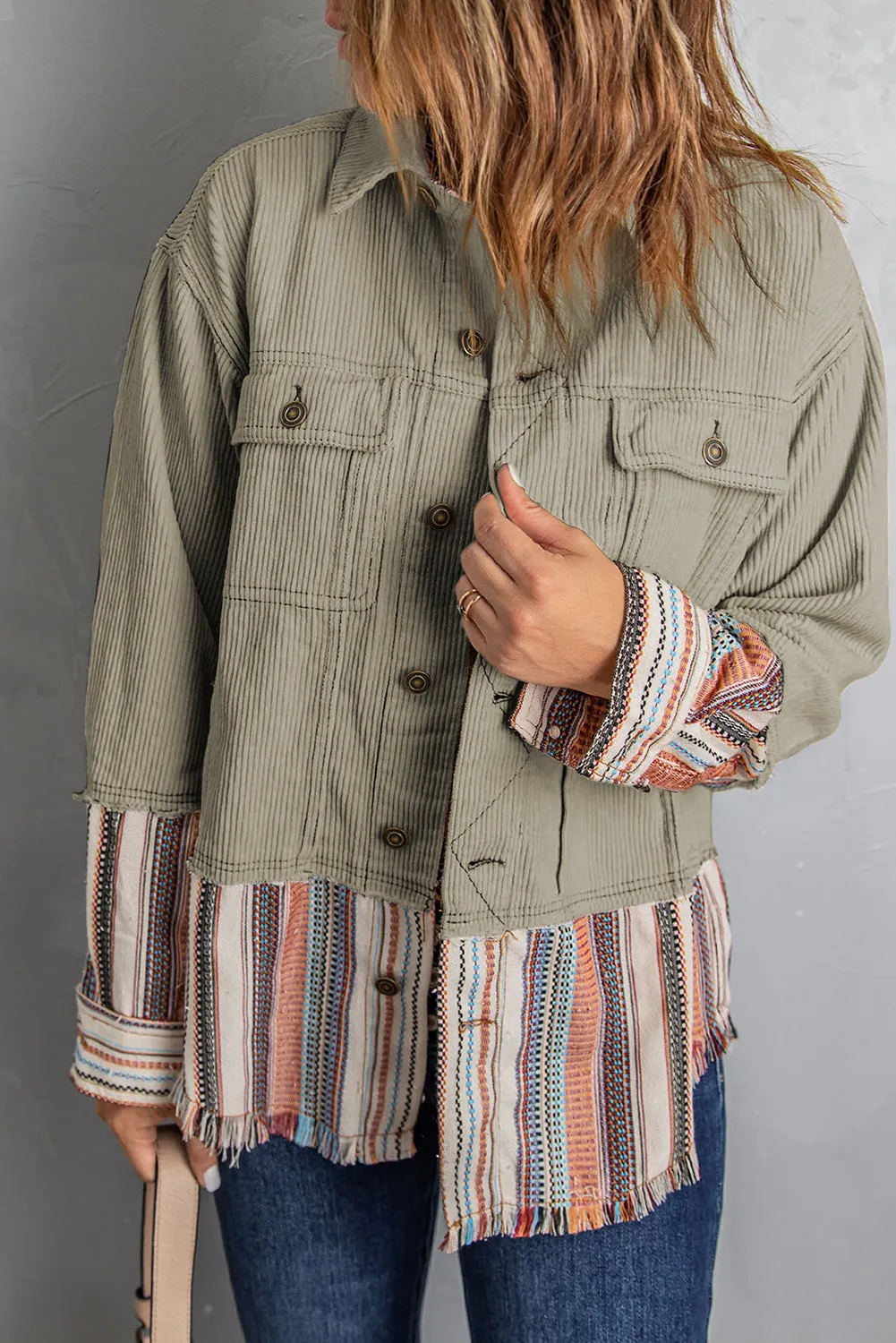 Button Up Pockets Striped Color Block Corduroy Jacket