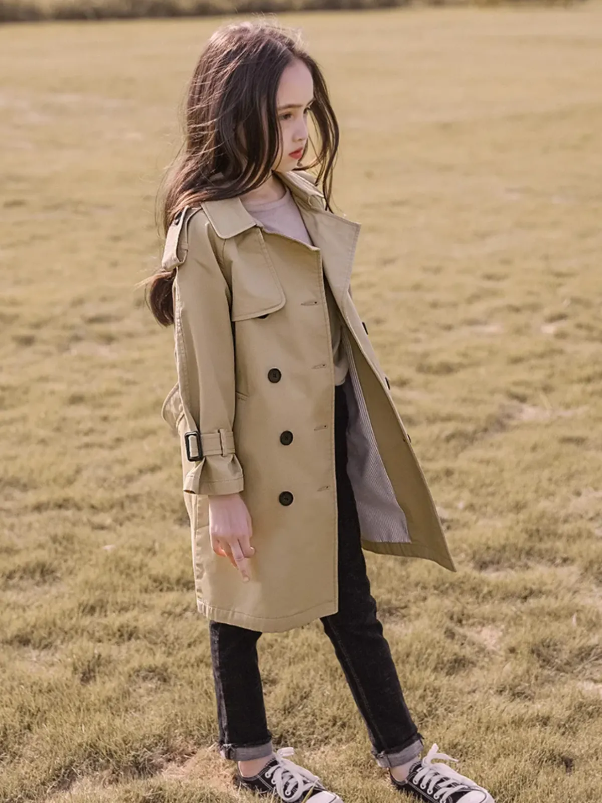 Classic Girls Long Trench Coat with Belt