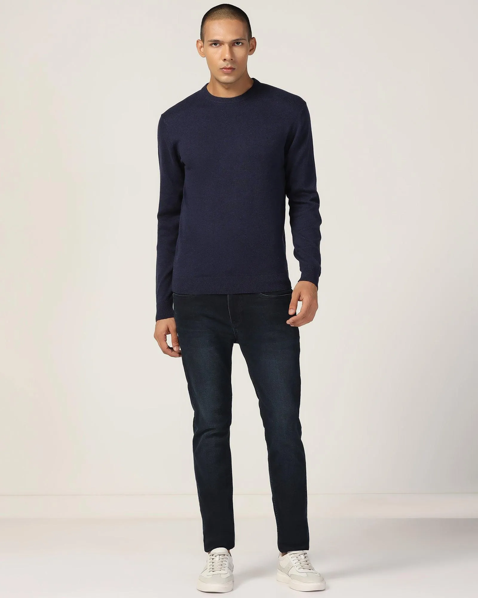 Crew Neck Blue Solid Sweater - Harley