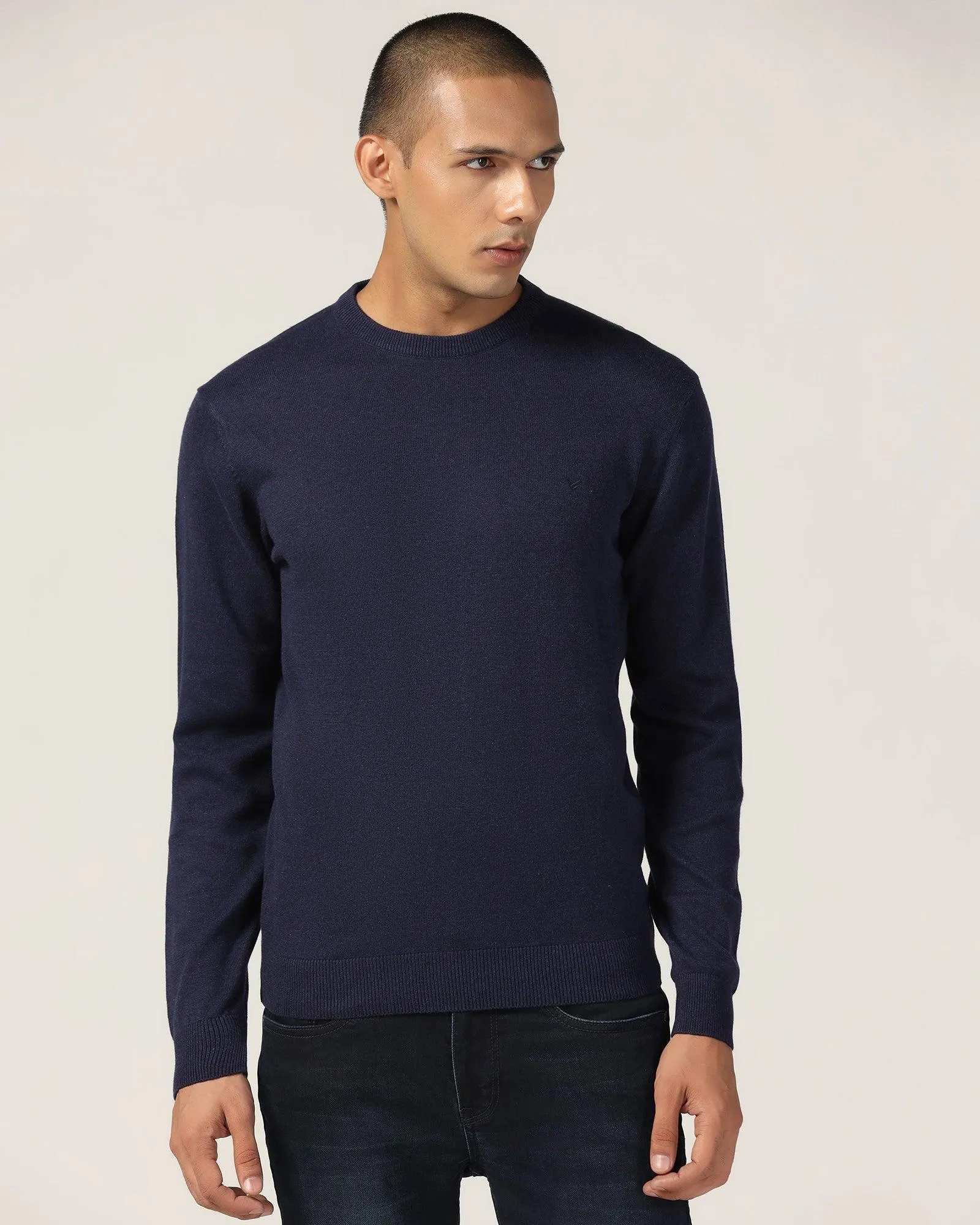 Crew Neck Blue Solid Sweater - Harley