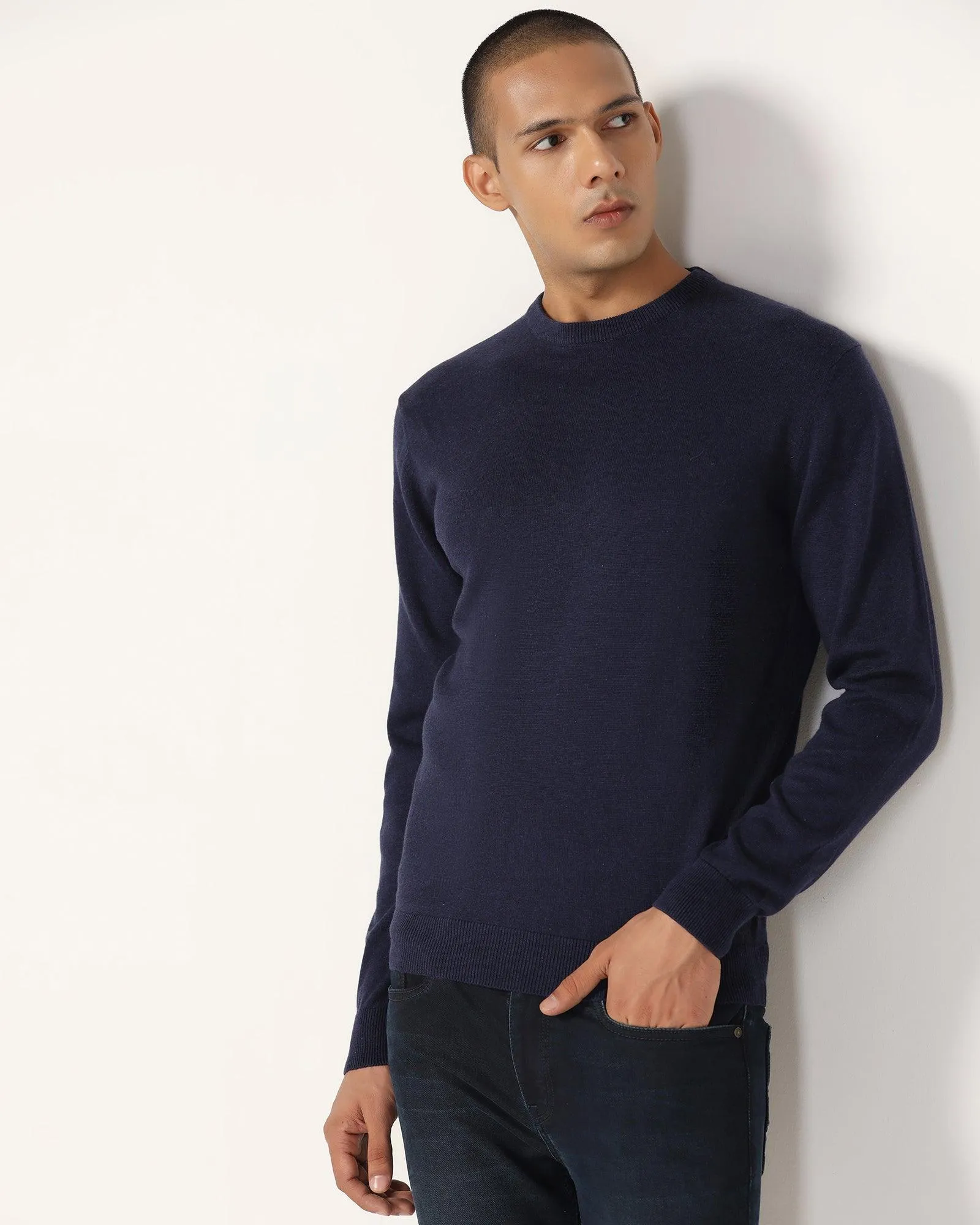 Crew Neck Blue Solid Sweater - Harley