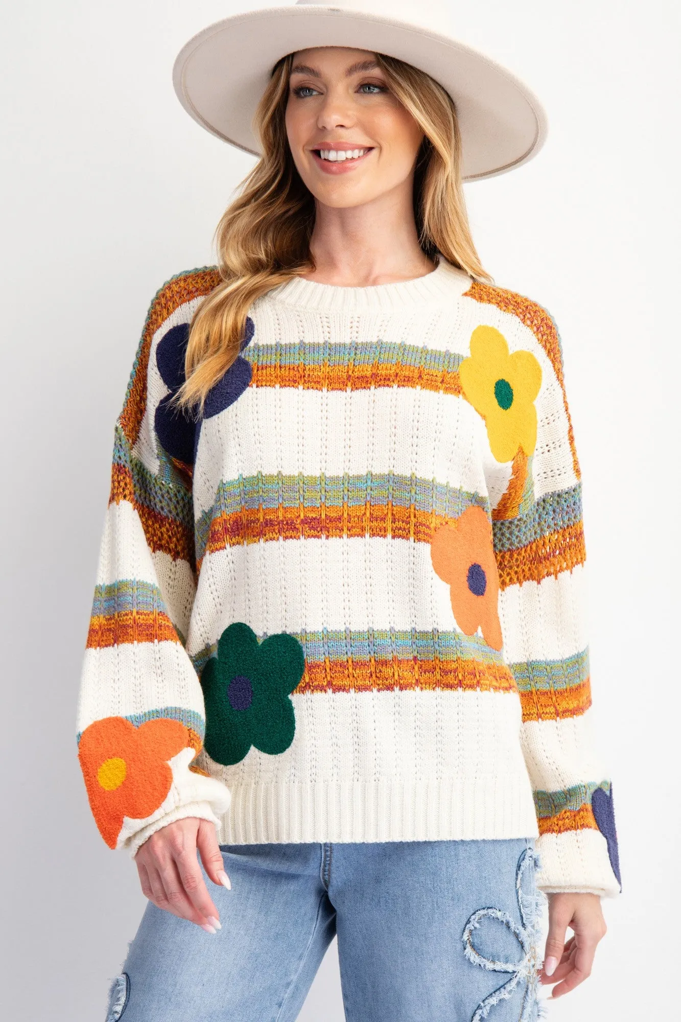 Easel Striped Knit Sweater with Textured Flower Patches in Ivory