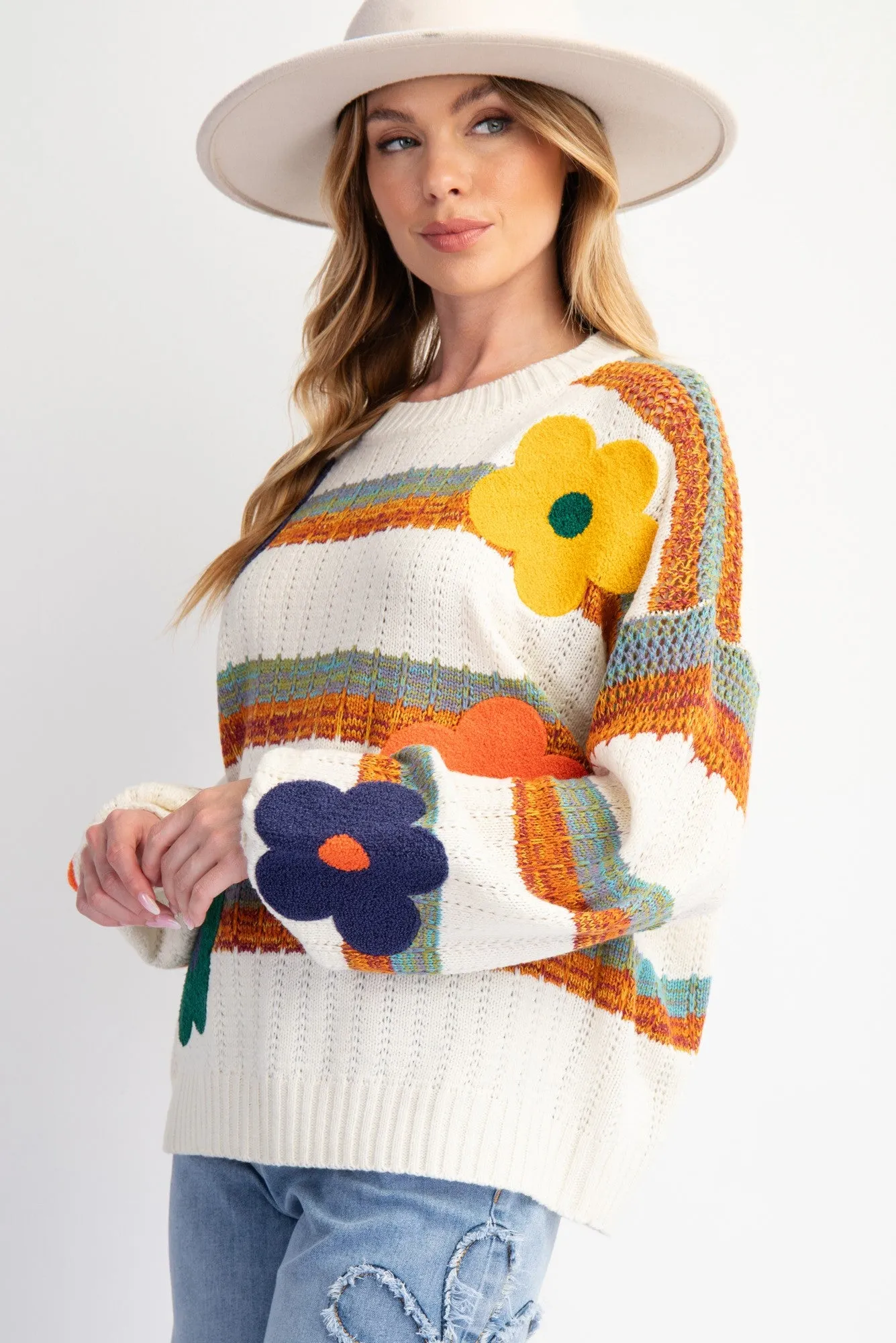 Easel Striped Knit Sweater with Textured Flower Patches in Ivory