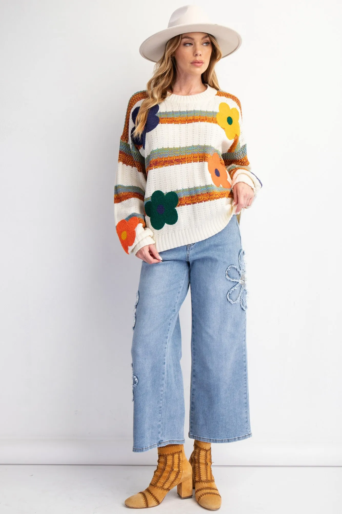 Easel Striped Knit Sweater with Textured Flower Patches in Ivory