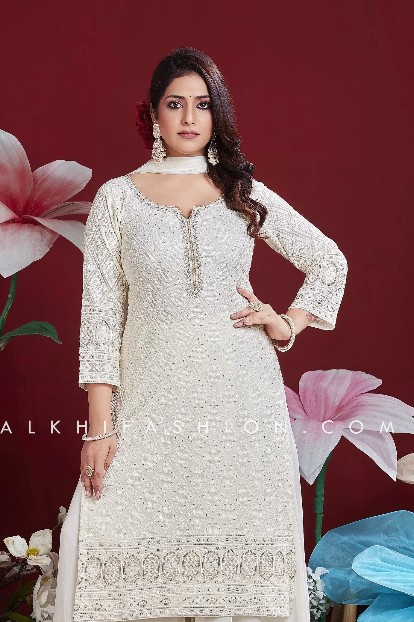 Elegant White Georgette Lakhnavi Work Pant style Outfit