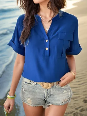 Explore More Collection - Buttoned Notched Short Sleeve Blouse