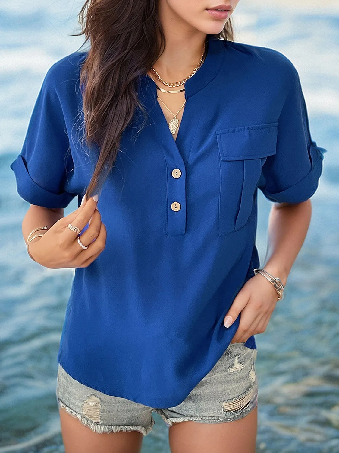 Explore More Collection - Buttoned Notched Short Sleeve Blouse