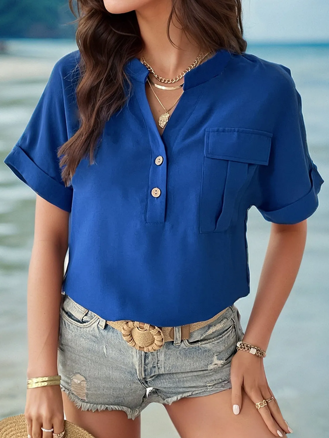 Explore More Collection - Buttoned Notched Short Sleeve Blouse