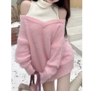 Fake Two-Piece Loose High-Necked Knitted Sweater