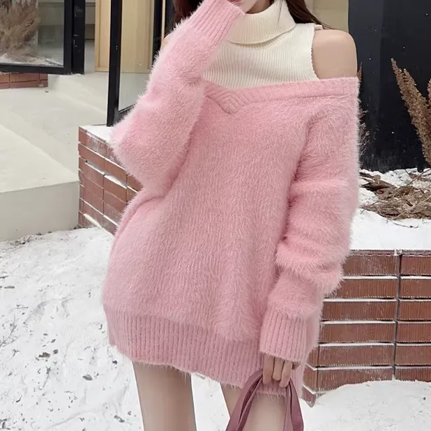 Fake Two-Piece Loose High-Necked Knitted Sweater