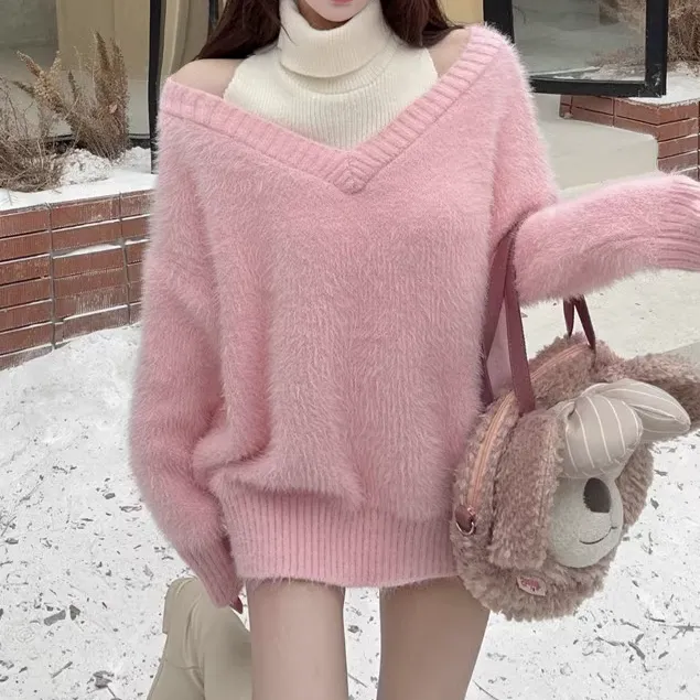 Fake Two-Piece Loose High-Necked Knitted Sweater