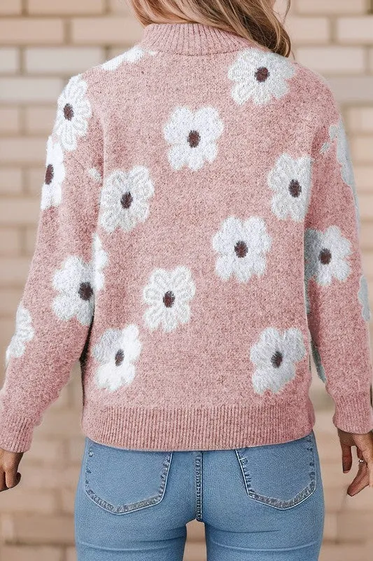 Floral Pattern Drop Shoulder Half Zip Sweater