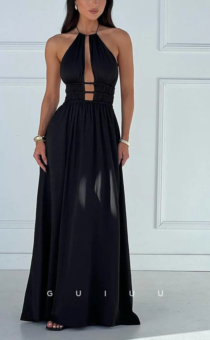 G3766 - Chic & Modern A-line Halter Draped Long Evening Party Gown Prom Dress with Cut-outs