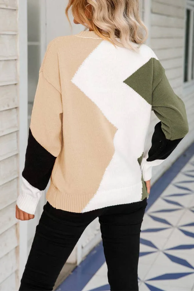 Geometric Color Block Pullover Sweaters JYYS008: Brown