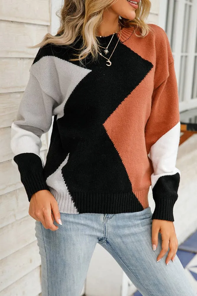 Geometric Color Block Pullover Sweaters JYYS008: Brown