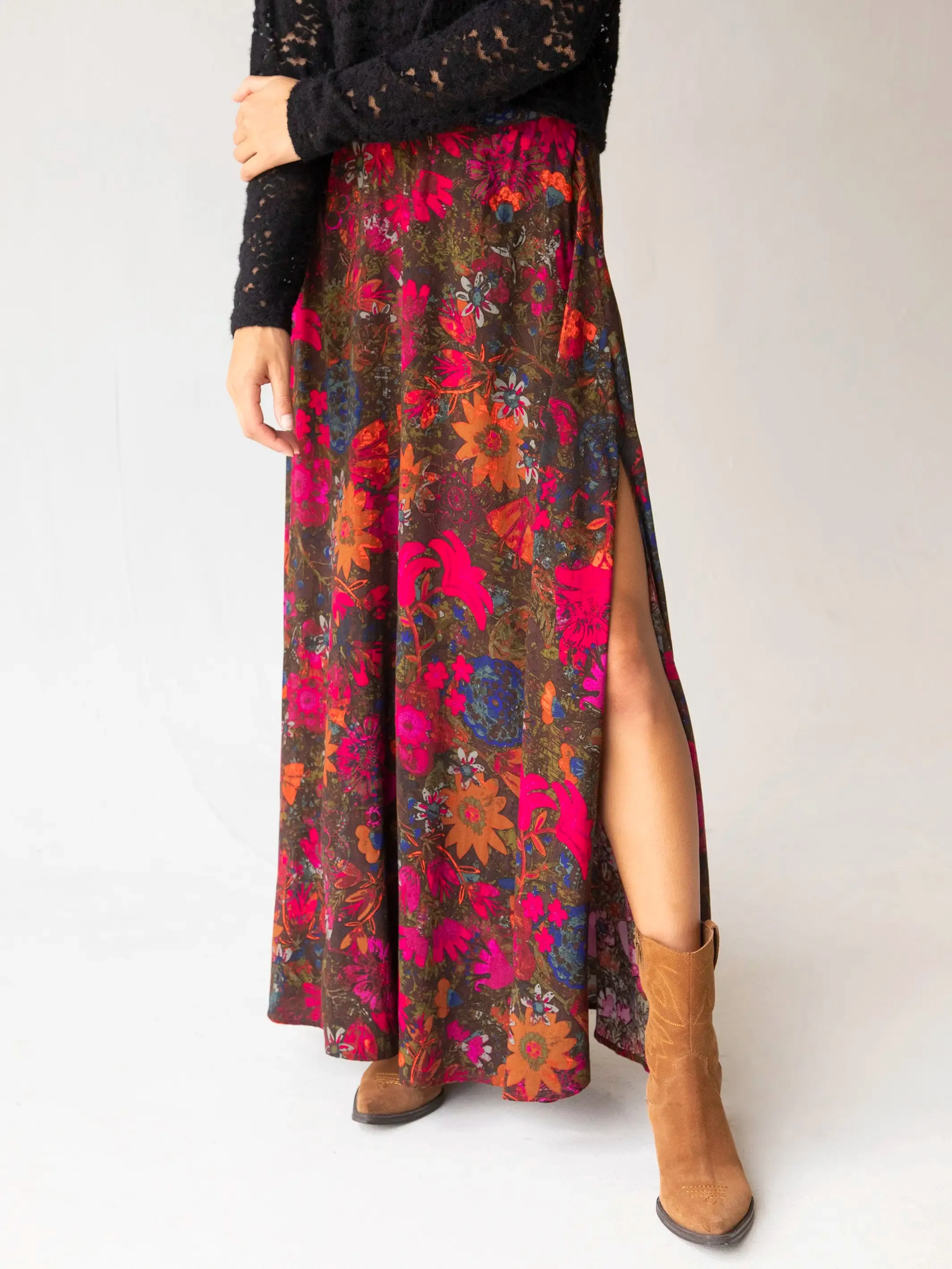 Ginger Side-Slit Maxi Skirt - Indigo Pink Orange