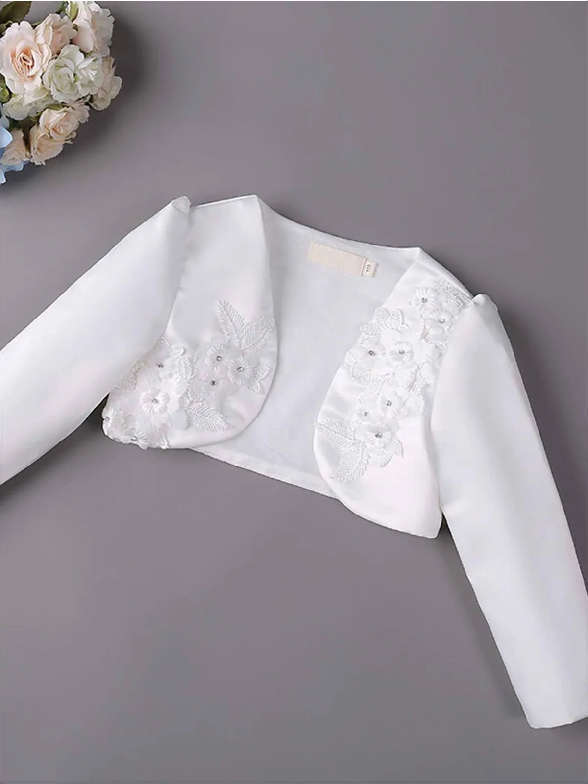 Girls 3D Flower Detail Satin Long Sleeve Bolero