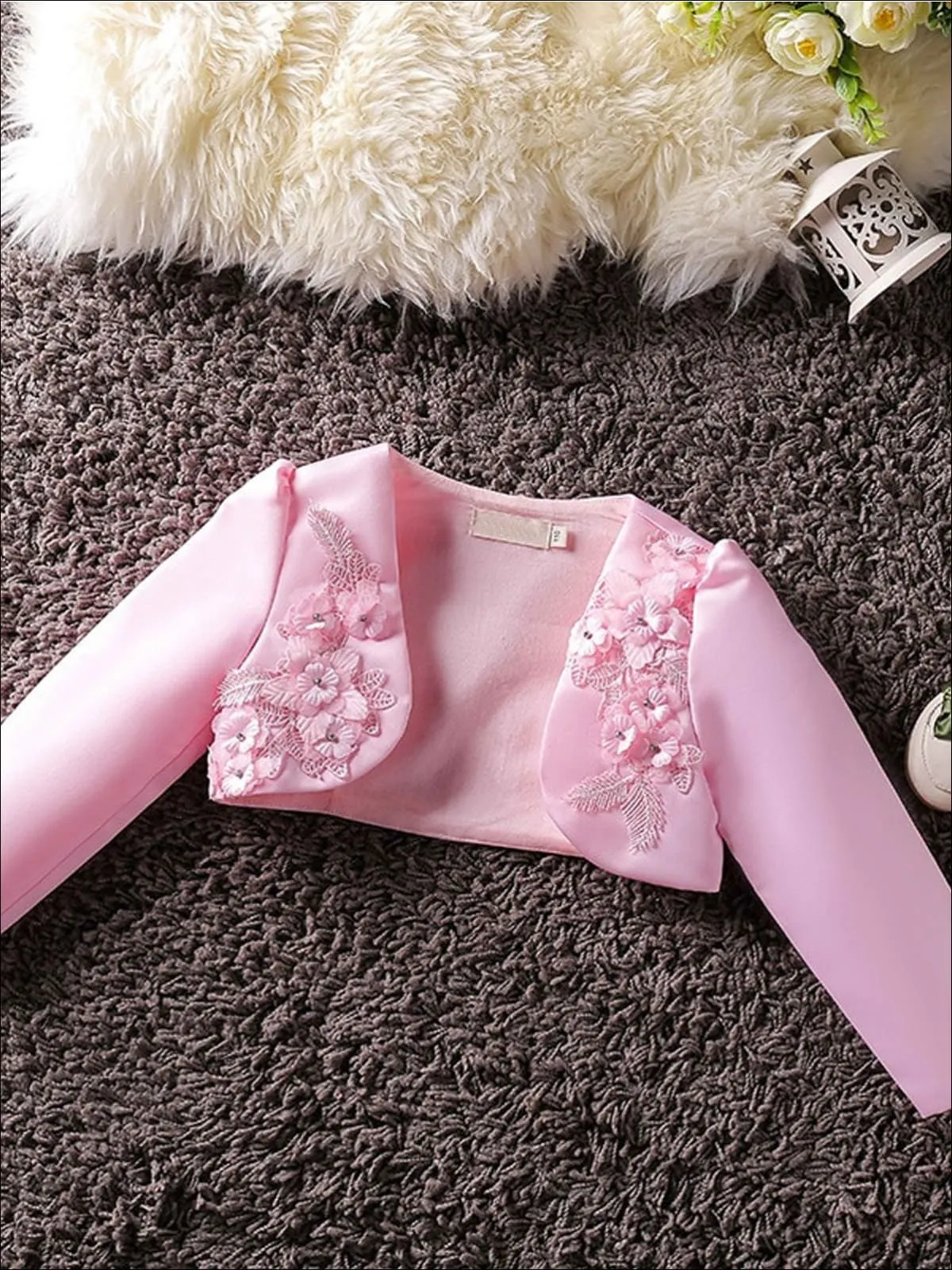 Girls 3D Flower Detail Satin Long Sleeve Bolero