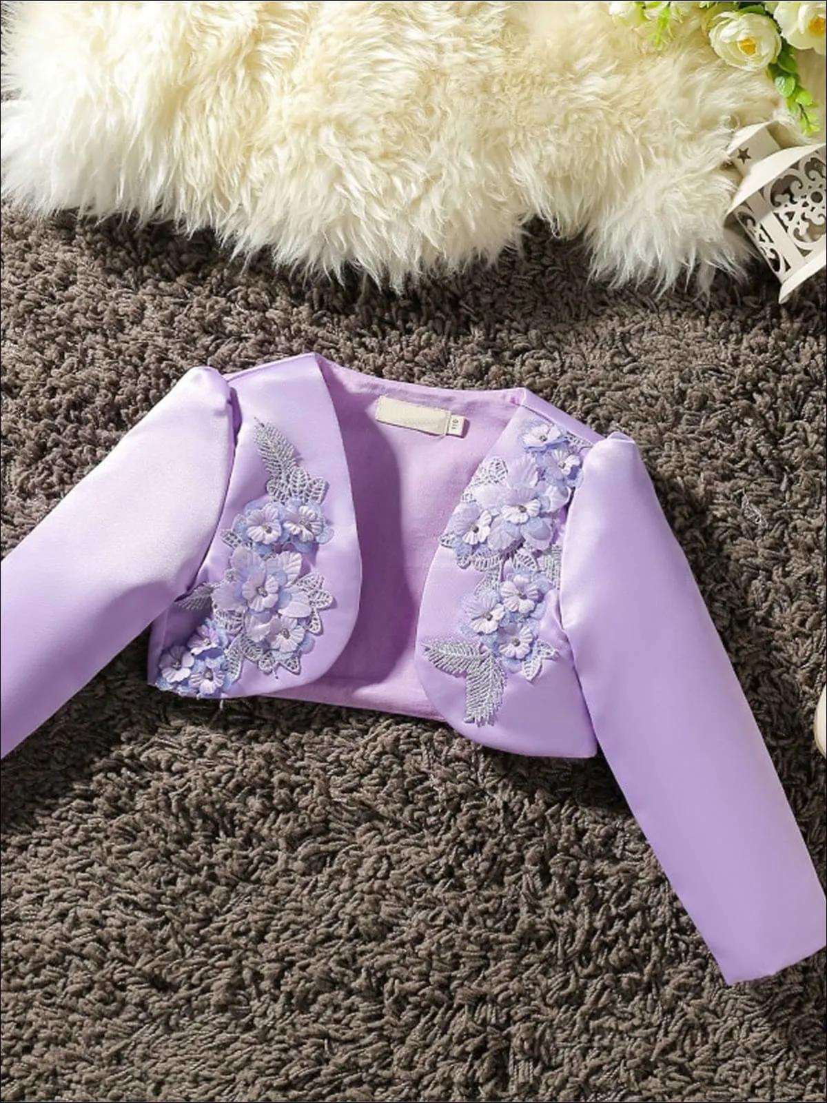 Girls 3D Flower Detail Satin Long Sleeve Bolero