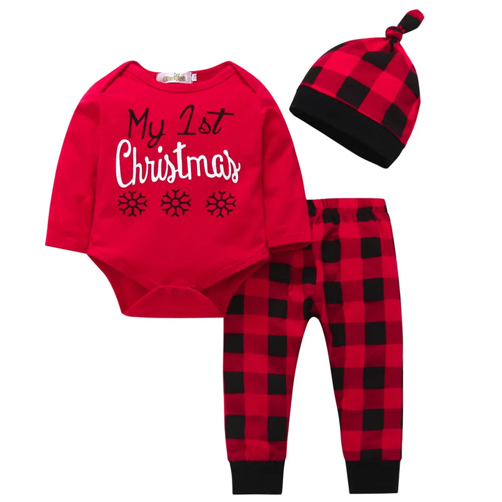 Girls Letter Tops Prin Plaid Pants Cap Christmas Clothes Sets 3Pcs Baby Set Clothing Outfits Clothes