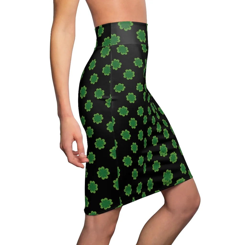 Green Clover Leaf Pencil Skirt, Black Irish Lucky St. Patrick's Day Women's Skirt- Made in USA