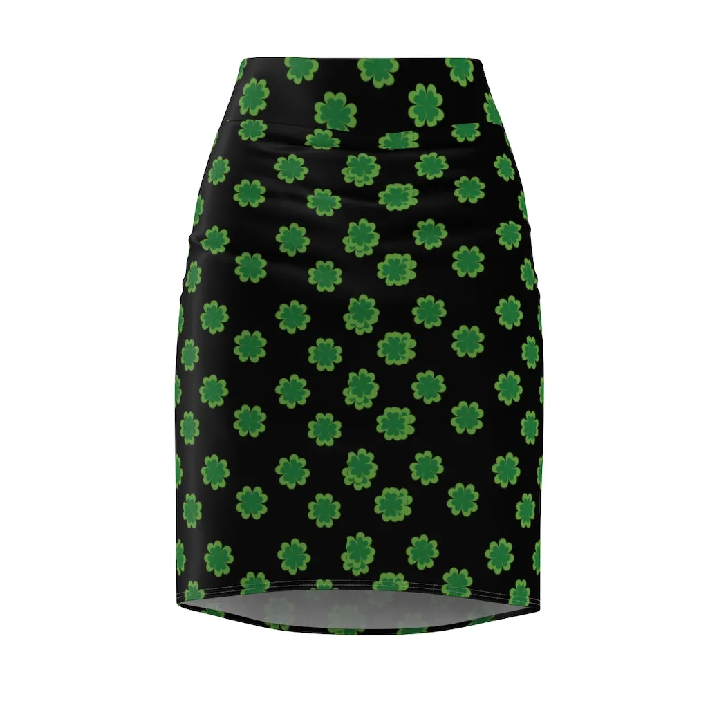 Green Clover Leaf Pencil Skirt, Black Irish Lucky St. Patrick's Day Women's Skirt- Made in USA