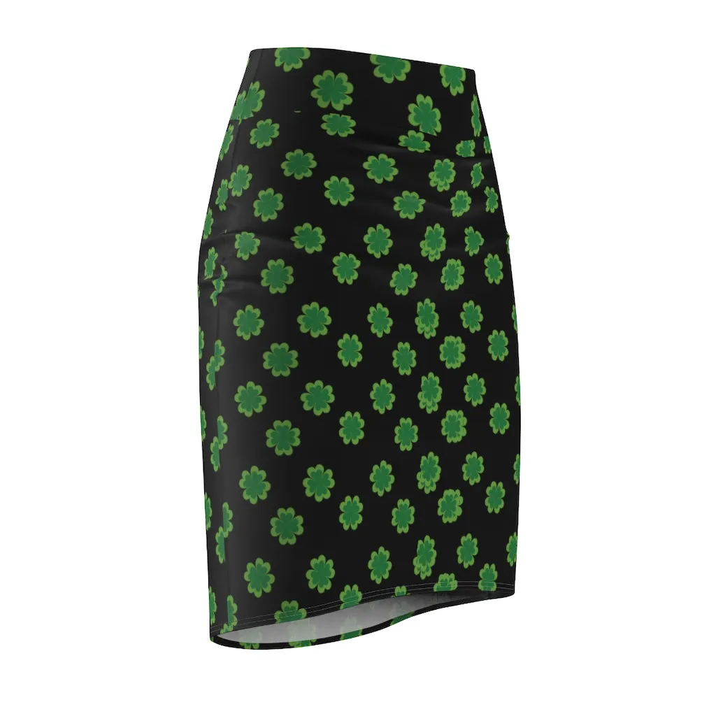 Green Clover Leaf Pencil Skirt, Black Irish Lucky St. Patrick's Day Women's Skirt- Made in USA