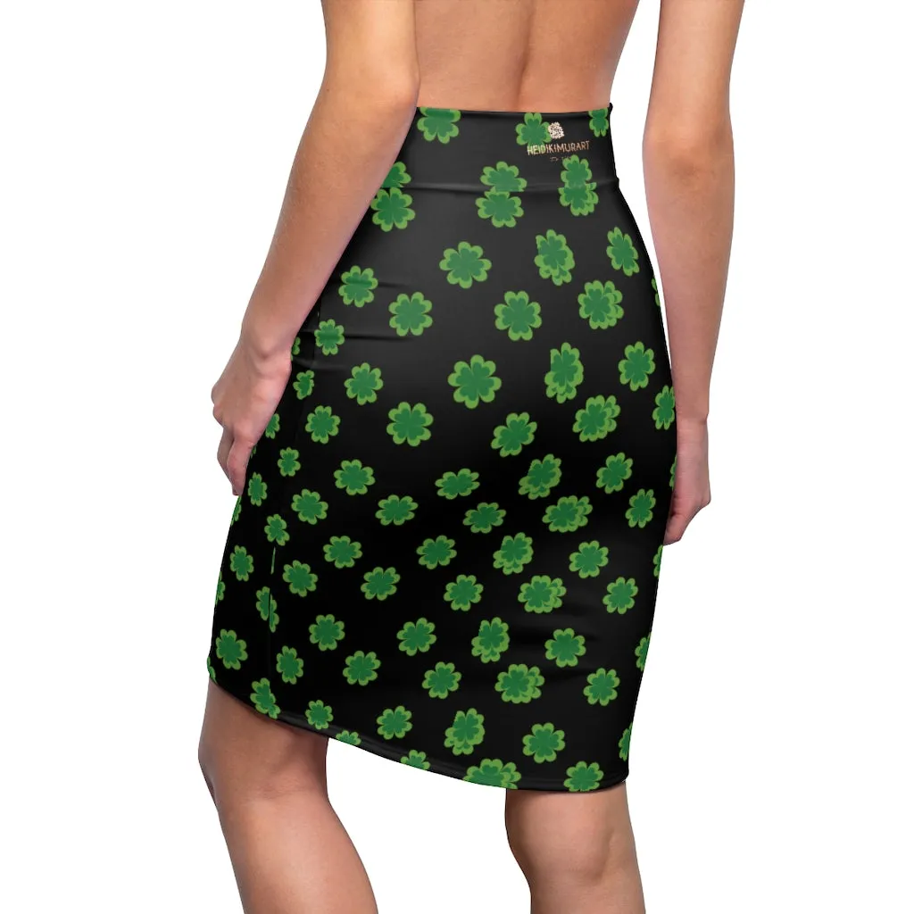 Green Clover Leaf Pencil Skirt, Black Irish Lucky St. Patrick's Day Women's Skirt- Made in USA