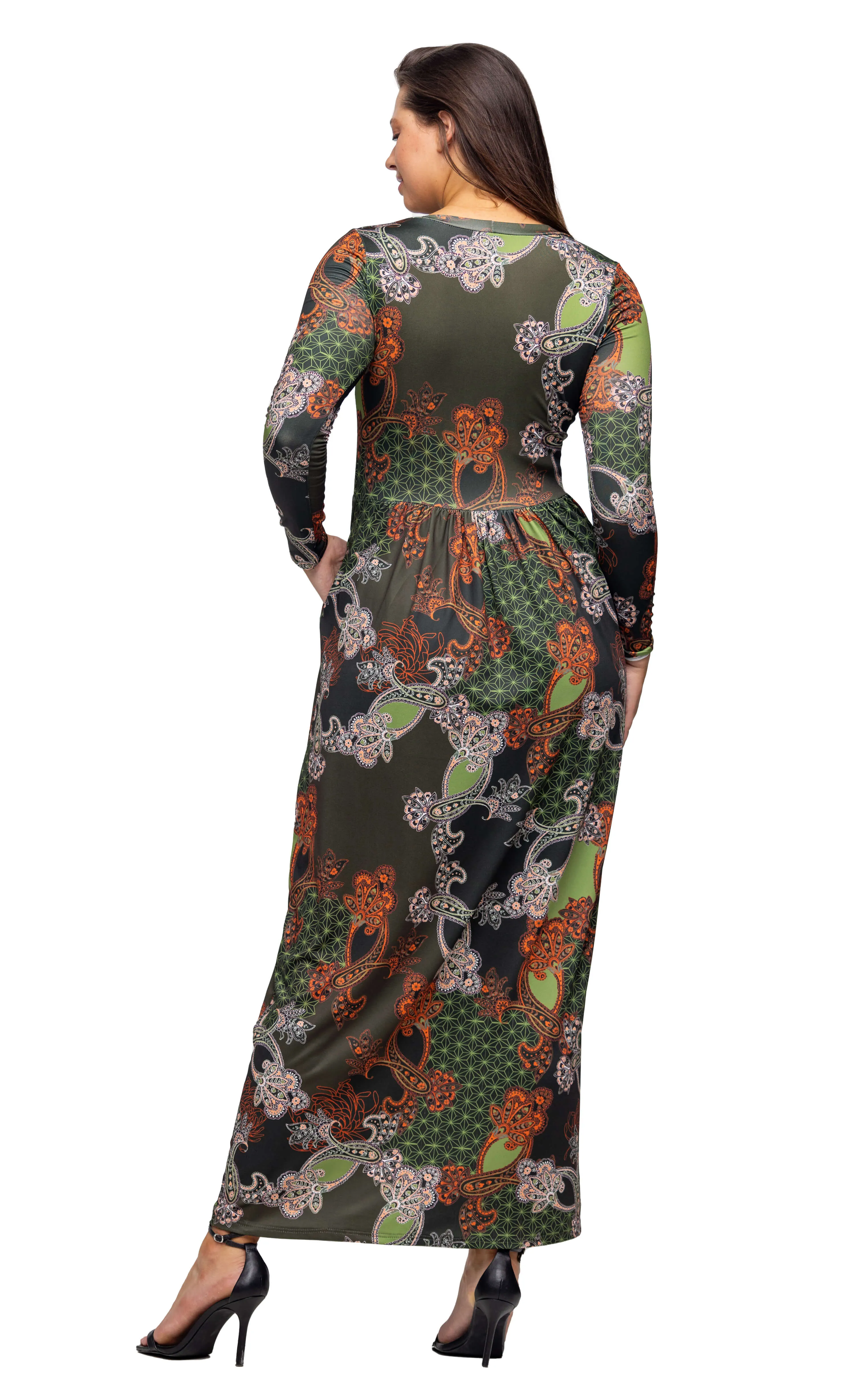 Green Long Sleeve Empire Waist Pocket Maxi Dress