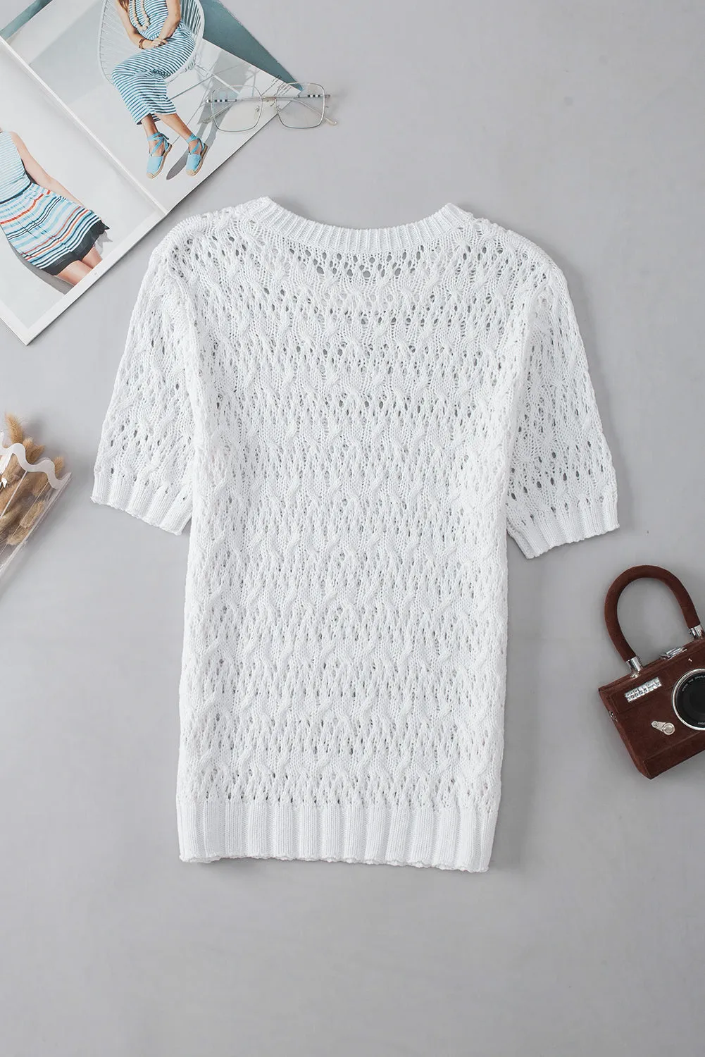 Hollow-out Textured Half Sleeve Sweater