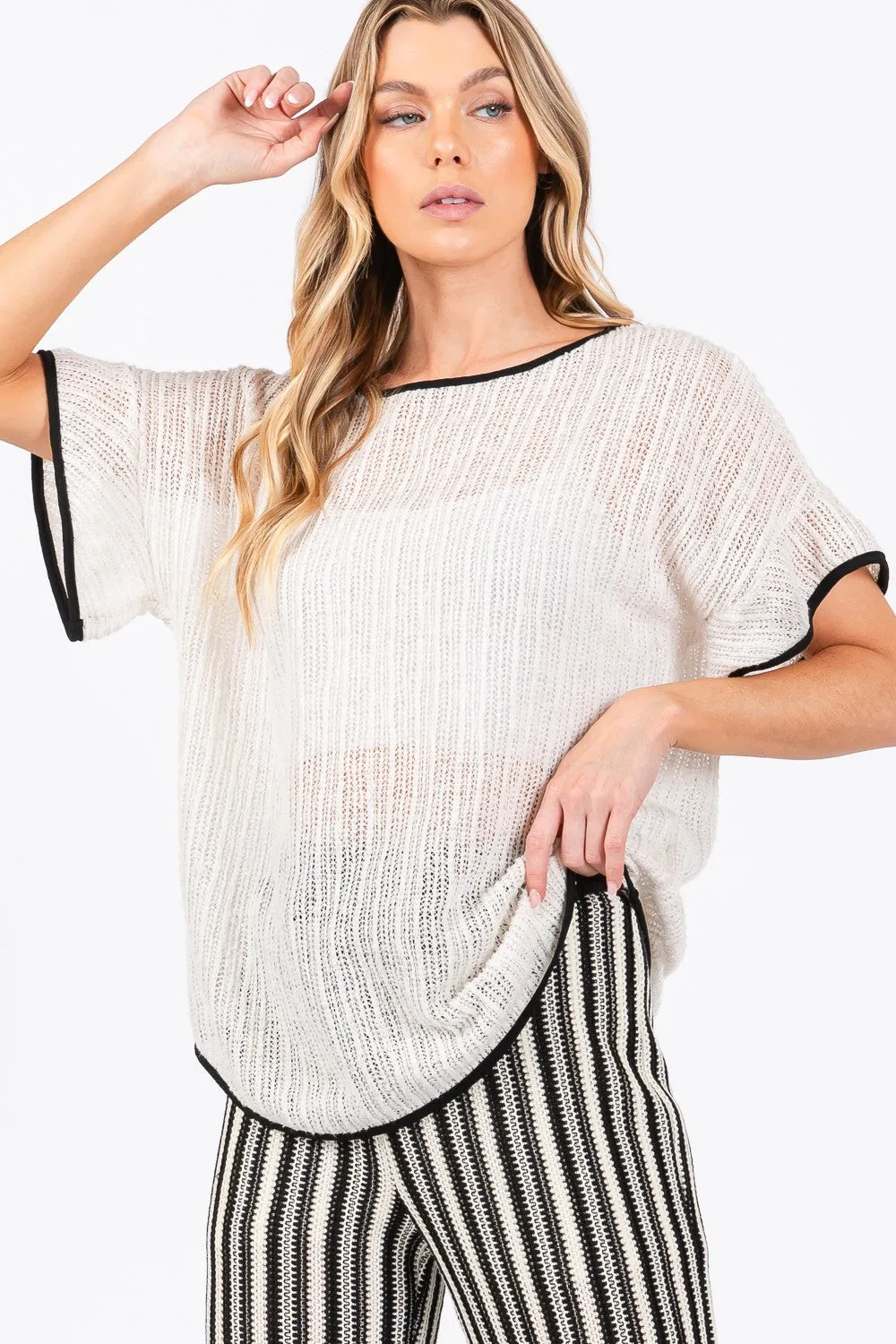 Hot Girl GeeGee Contrast Trim Sheer Short Sleeve Top