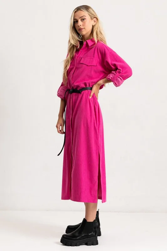 Hot Pink Corduroy Roll Up Sleeve Shirt Dress With Belt