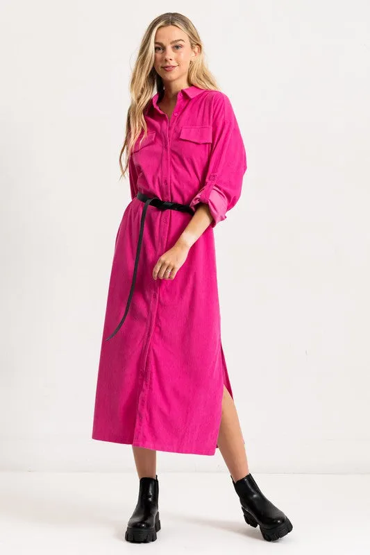 Hot Pink Corduroy Roll Up Sleeve Shirt Dress With Belt