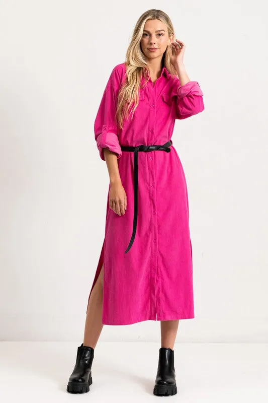 Hot Pink Corduroy Roll Up Sleeve Shirt Dress With Belt