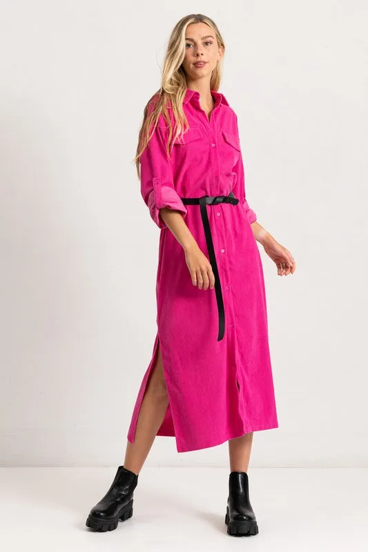 Hot Pink Corduroy Roll Up Sleeve Shirt Dress With Belt